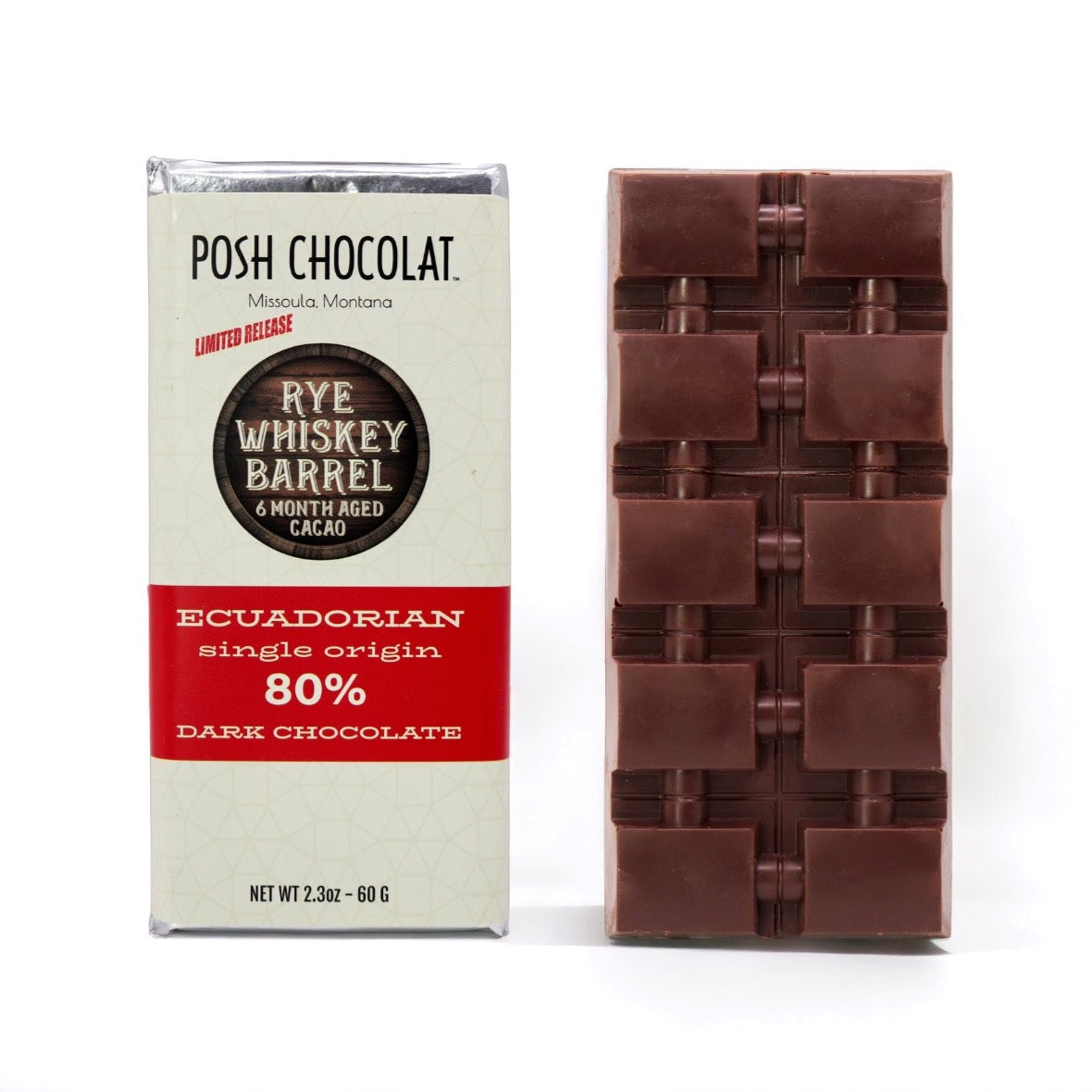 Rye Whiskey Barrel 6 Month Aged 80% Single Origin Ecuadorian Dark Chocolate Bar